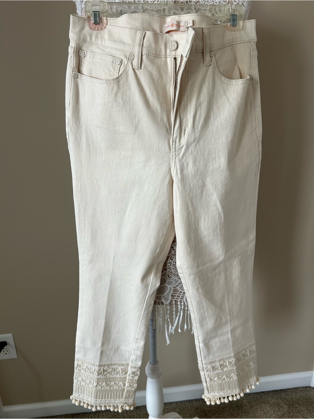 Tory Burch Cream High-Rise Button Fly Jeans